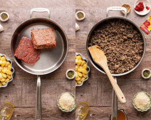 Side-by-side image of browning the meat in a pan.