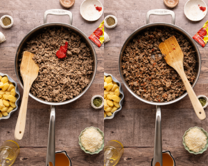 Side-by-side image of adding the tomato paste to cooked meat and mixing to combine.