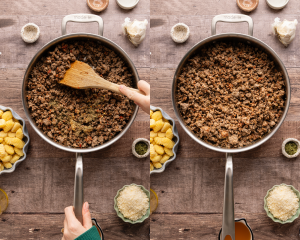 Side-by-side image of adding the seasonings to the browned meat.