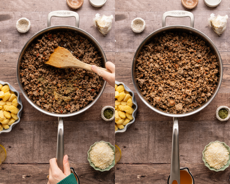 Side-by-side image of adding the seasonings to the browned meat.