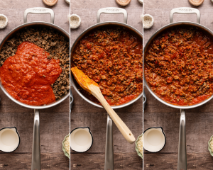 Three photos side-by-side showing adding the marinara and broth and mixing until combined.