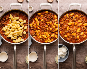 Three photos showing adding the gnocchi to the meat sauce mixture and letting cook for about five minutes or until tender.