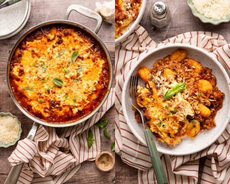 Side-by-side image of cooking the gnocchi lasagna in a pan then serving in a bowl with a fork.