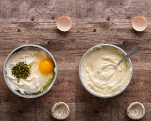 Side-by-side image of mixing ricotta, parsley and egg in a small bowl.