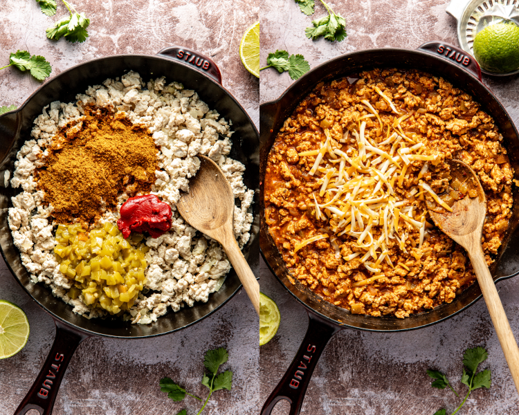 Side-by-side image of adding the seasonings, tomato paste, diced green chiles, and cheese to the cooked ground chicken and mixing to combine.