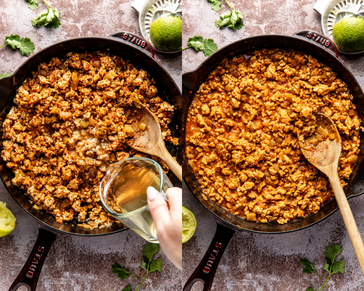 Side-by-side image of adding the liquid to the ground chicken mixture and stirring to combine.
