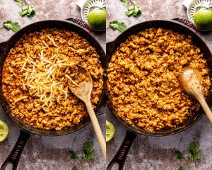 Side-by-side image of adding the cheese to the chicken mixture and stirring to combine.