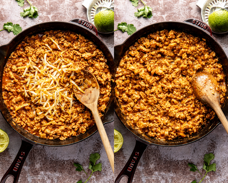 Side-by-side image of adding the cheese to the chicken mixture and stirring to combine.