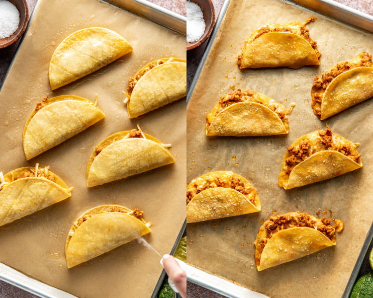 Side-by-side image of six tacos folded on parchment lined tray and spraying with oil then baking for 8-10 minutes.
