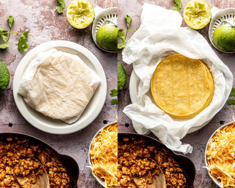 Side-by-side image showing how to wrap and microwave corn tortillas to make them more pliable.
