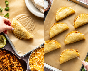 Side-by-side image of folding over taco then spraying with oil before baking.