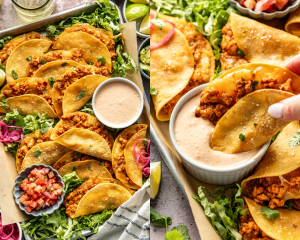 SIde-by-side image of tray of baked ground chicken tacos on tray with toppings and picture beside it showing taco being dunked in crema.