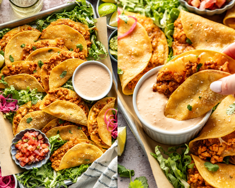 SIde-by-side image of tray of baked ground chicken tacos on tray with toppings and picture beside it showing taco being dunked in crema.