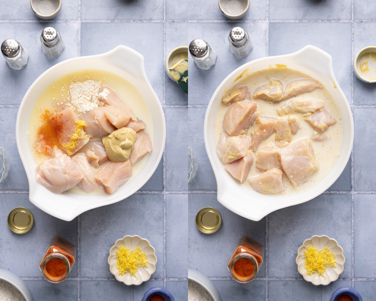 Side-by-side image of marinating chicken in marinade for 30 minutes.