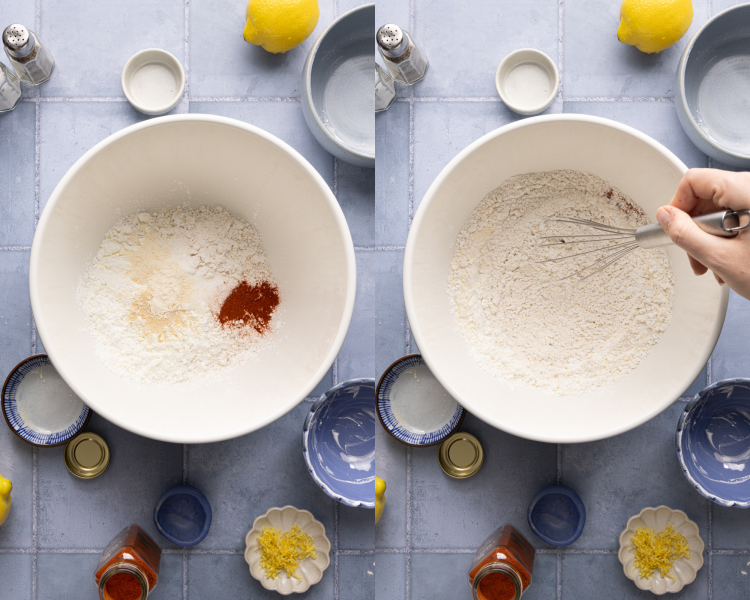 Side-by-side image of whisking together the ingredients for the breading mixture.