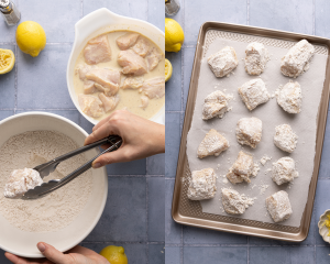 Side-by-side image of dredging the chicken pieces in the flour mixture then setting on a parchment-lined baking tray to set for 10-15 minutes.