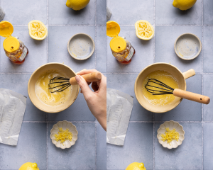 Side-by-side image of mixing together lemon butter sauce ingredients in a small bowl before adding to the cooked chicken.