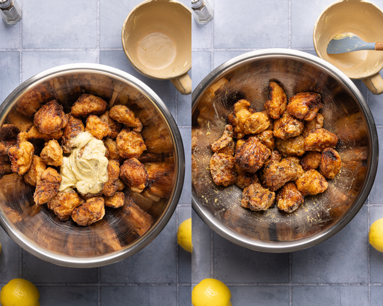 Side-by-side image of adding lemon sauce to cooked wings and gently tossing to combine.