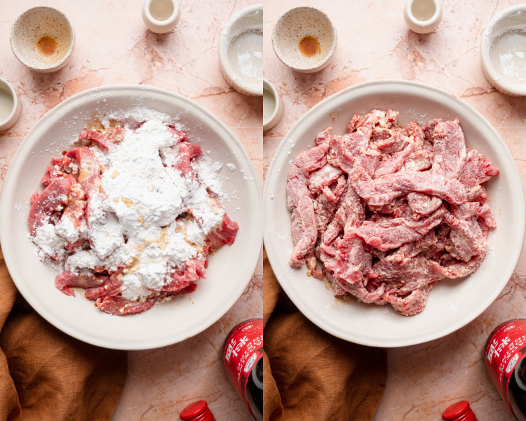 Side-by-side image of adding the cornstarch and beef marinade ingredients to the cut flank steak then mixing to coat.