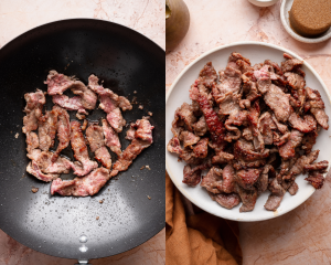 Side-by-side image of cooking the flank steak in batches in the wok then setting on a plate to the side.