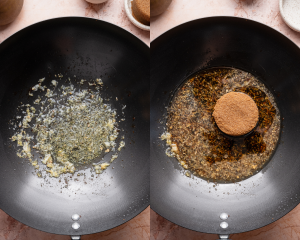 Side-by-side image of sauteing the garlic and ginger in the wok then adding the rest of the sauce ingredients.