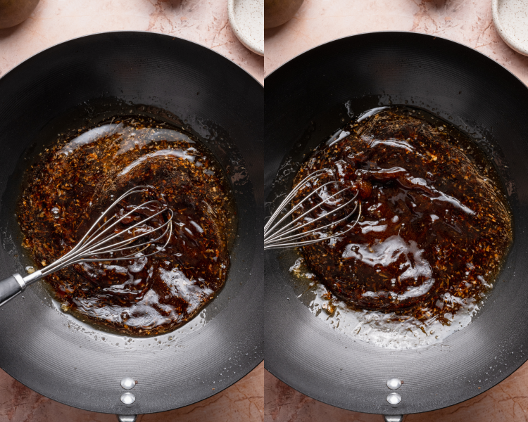 Side-by-side image of whisking sauce ingredients and letting them come to a simmer in a wok.