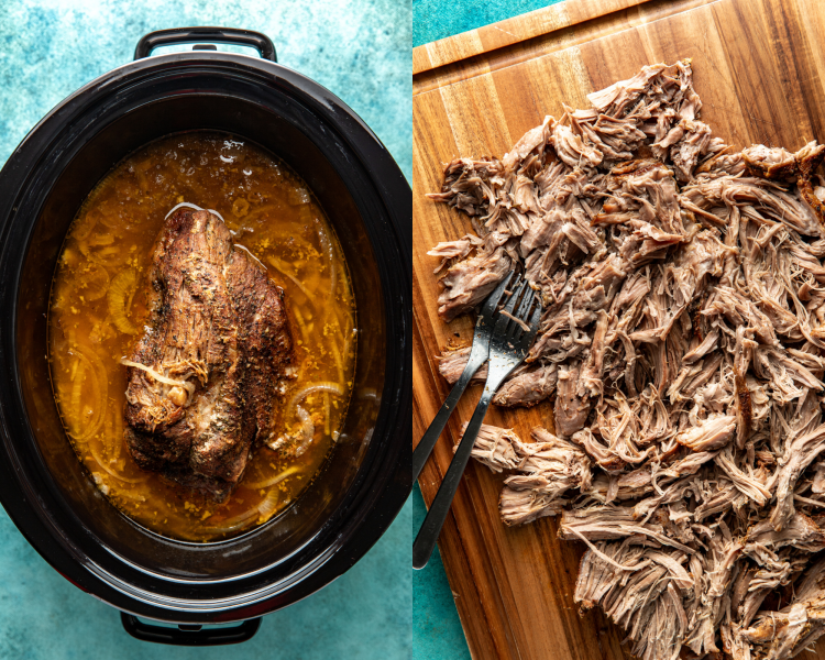 Side-by-side image of pork carnitas cooked in slow cooker then shredding with two forks on wood cutting board.