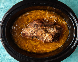 Pork carnitas cooked in slow cooker.