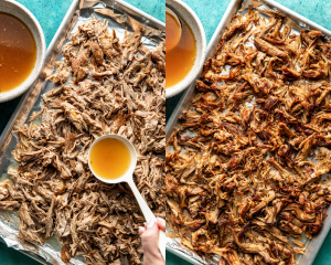Side-by-side image of adding shredded pork carnitas to baking sheet and tossing with extra juices before broiling.