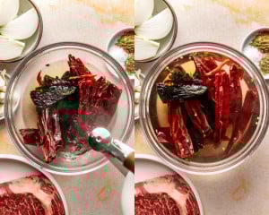 Dried chiles soaking in hot water in a glass bowl, with steam rising as the chiles soften for blending. Softened dried chiles fully submerged in hot water in a glass bowl after soaking, ready to be blended for birria sauce.