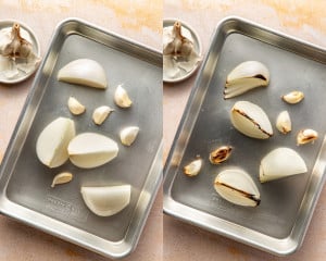 White onion wedges and garlic cloves arranged on a metal sheet pan before roasting. Roasted onion wedges and garlic cloves with lightly charred edges on a metal sheet pan after roasting.
