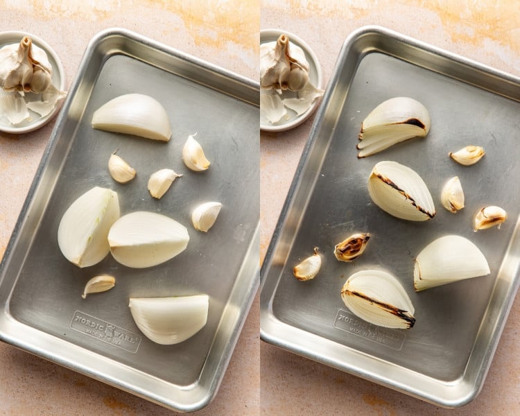 White onion wedges and garlic cloves arranged on a metal sheet pan before roasting. Roasted onion wedges and garlic cloves with lightly charred edges on a metal sheet pan after roasting.