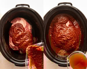 Raw beef chuck roast in a slow cooker being covered with blended birria sauce. Beef chuck roast fully covered in birria sauce inside the slow cooker with additional broth being poured in.