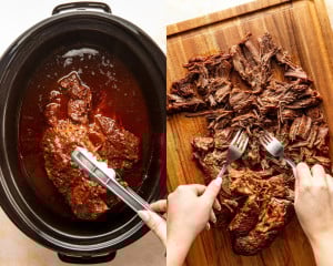 Cooked beef chuck roast submerged in rich birria broth inside the slow cooker, showing tender meat and deep reddish-brown sauce. Hands shredding cooked birria beef with two forks on a wooden cutting board, showing the fall-apart texture.