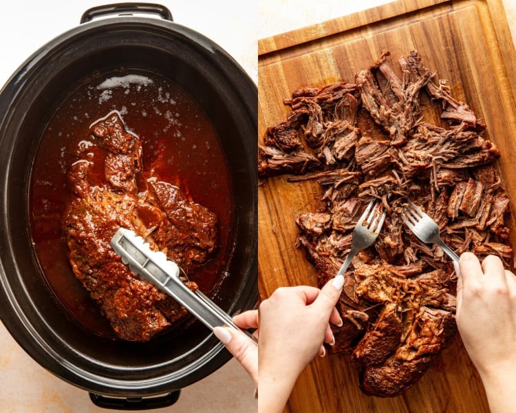 Cooked beef chuck roast submerged in rich birria broth inside the slow cooker, showing tender meat and deep reddish-brown sauce. Hands shredding cooked birria beef with two forks on a wooden cutting board, showing the fall-apart texture.