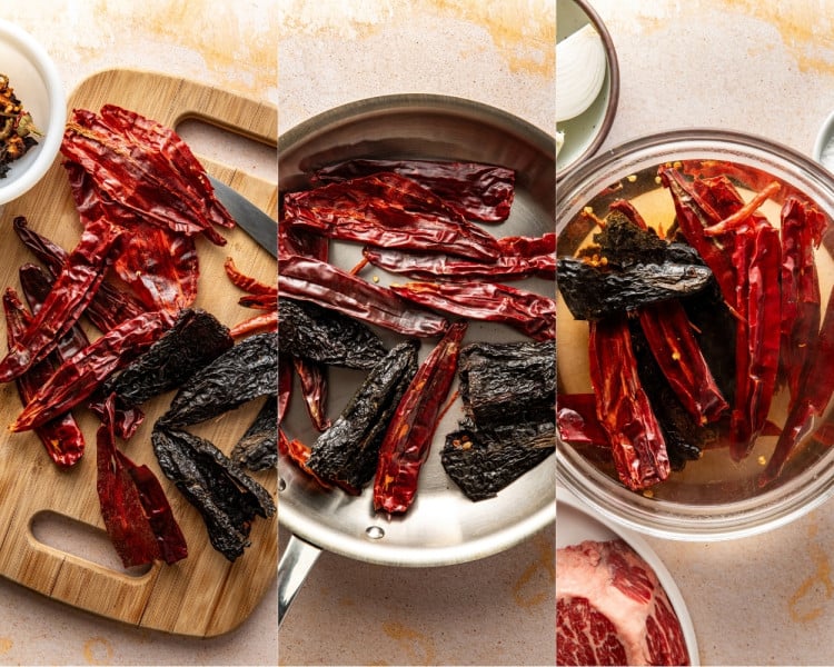 Dried guajillo, ancho, and arbol chiles on a wooden cutting board, toasted in a skillet, and then soaking in hot water, showing the steps of preparing dried chiles for homemade birria sauce.