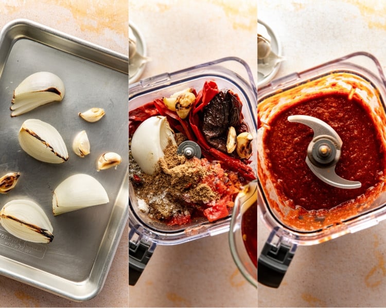 Broiled onion wedges and garlic cloves on a sheet pan, birria sauce ingredients added to a blender with soaked chiles, tomatoes, spices, and broth, followed by a smooth blended red birria sauce.