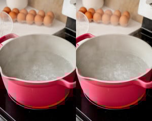 First image shows a large red pot of water at a full rolling boil on a stovetop. Second image shows the same pot of water continuing at a steady rolling boil, ready for eggs to be added.