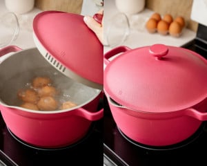 First image shows a hand lowering a lid onto the pot of simmering eggs. Second image shows the pot fully covered with the lid to continue cooking at a gentle simmer.