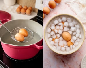 First image shows two cooked eggs being lifted from hot water with a spider strainer. Second image shows eggs transferred to a bowl filled with ice water and ice cubes for an ice bath.