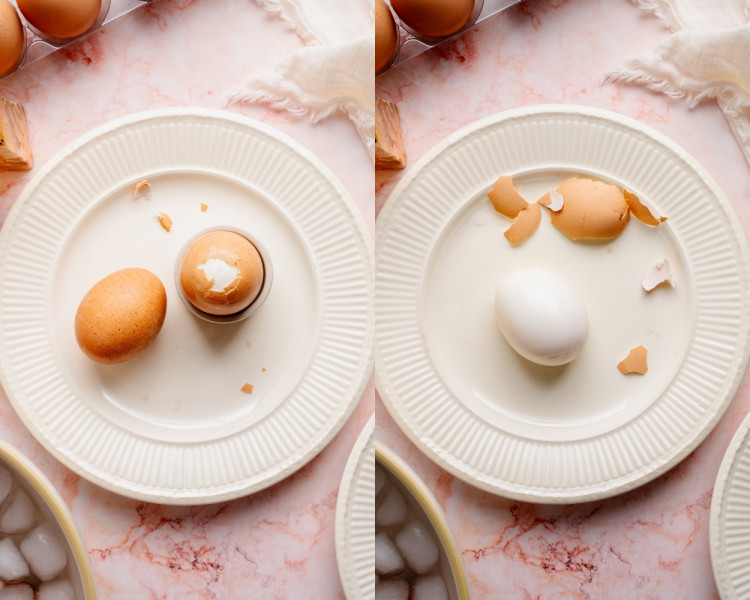 First image shows a cracked hard boiled egg on a white plate with shell pieces scattered around. Second image shows the fully peeled hard boiled egg resting on the plate beside the removed shell fragments.