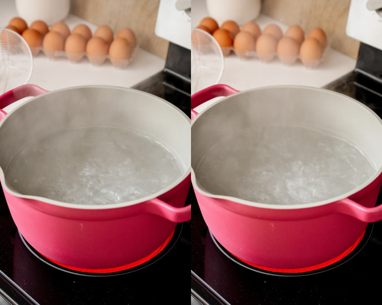 First image shows a large red pot of water at a rolling boil on the stovetop; second image shows the same pot continuing at a steady rolling boil, ready for eggs to be added.