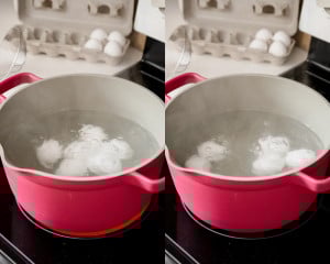 First image shows several white eggs boiling in the pot at a steady simmer; second image shows the eggs continuing to cook in gently bubbling water.