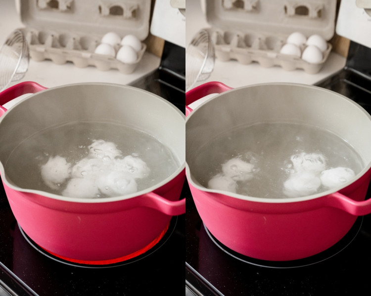 First image shows several white eggs boiling in the pot at a steady simmer; second image shows the eggs continuing to cook in gently bubbling water.