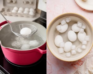 First image shows a cooked egg being lifted from hot water with a spider strainer; second image shows several eggs transferred to a bowl of ice water with ice cubes to cool.