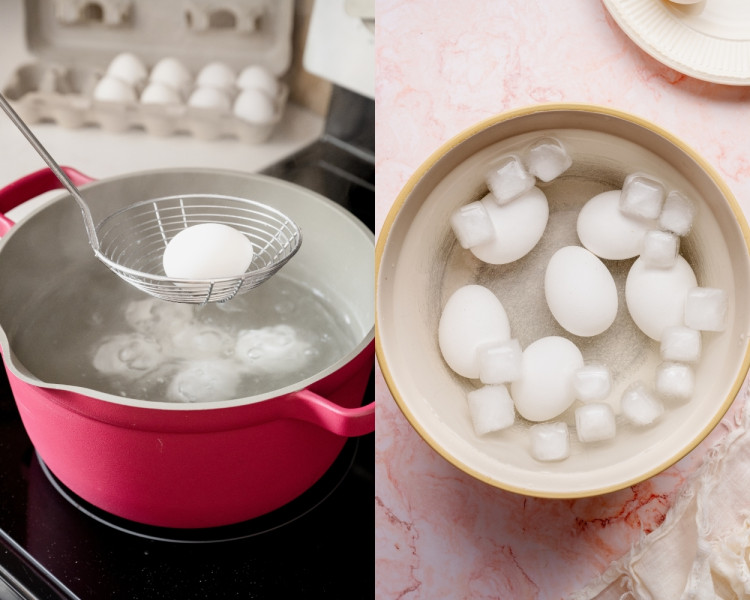 First image shows a cooked egg being lifted from hot water with a spider strainer; second image shows several eggs transferred to a bowl of ice water with ice cubes to cool.