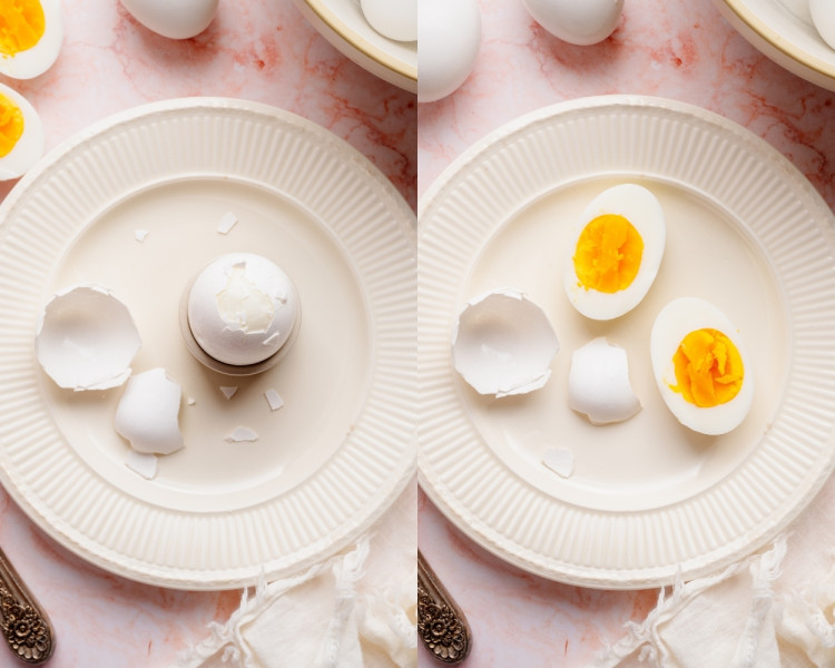 First image shows a hard boiled egg with cracked shell on a white plate; second image shows the peeled egg sliced in half on the plate, revealing a fully set bright yellow yolk.