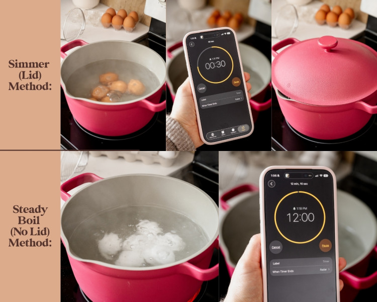 Collage showing two stove top methods for hard boiled eggs: top row demonstrates the simmer with lid method, including eggs simmering in a pot, a 30-second timer on a phone, and the pot covered with a lid; bottom row shows the steady boil no-lid method with eggs boiling uncovered and a 12-minute timer displayed on a phone.