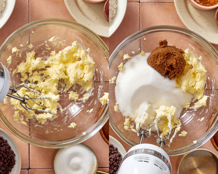 Side-by-side image of beating the softened butter with a hand mixer then adding the sugars and mixing until combined.