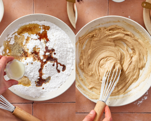 Side-by-side image of adding the rest of the frosting ingredients to the browned butter and whisking to combine.